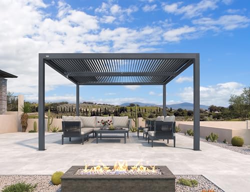 PURPLE LEAF Louvered Pergola 94AS 12' x 20' Outdoor Aluminum Pergola with Fixed Shutter Wall Adjustable Roof for Deck Backyard Grey Hardtop Gazebo, 1 Short Side