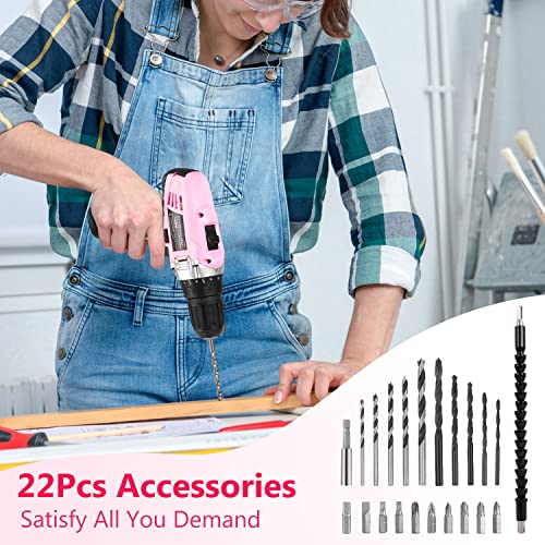 AVID POWER Cordless Drill Pink, 12V Power Drill Set with 22pcs Impact Driver Bits, 2 Variable Speed, 3/8'' Keyless Chuck, 15+1 Torque Setting (Pink)