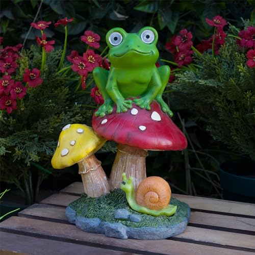 Alpine Corporation ZEN390SLR-S Frog on Mushroom Statue with LED Lights, Solar-Powered LED Frog Garden Statue, 12" H, Green