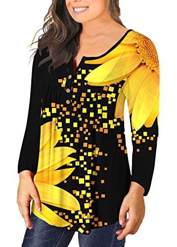 Girdtyd Womens Plus Size Tunic Tops Casual Floral Long Sleeve Henley Neck Ruffle Blouses Spring/Autumn Fashion T Shirts 2XL