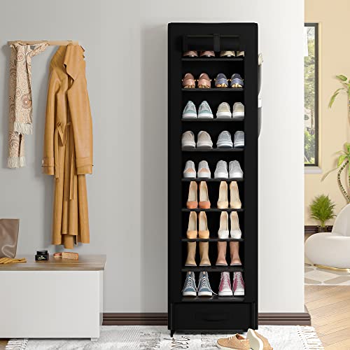OYREL Shoes Rack 10 Tier Tall Shoe Rack Narrow Shoe Rack with Storage Box,Fabric Covered Shoe Rack,Metal Shoe Rack Organizer,Shoe Racks for Closets,Stackable Shoe Rack,Shoe Stand,Shoe Shelf Storage