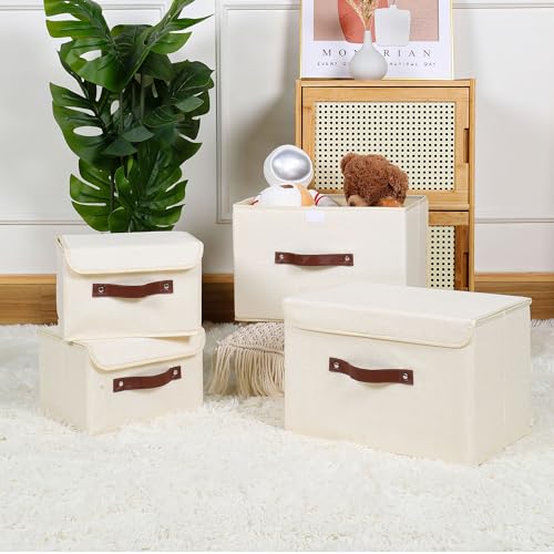 ANMINY 4PCS Storage Bins with Lid PU Leather Handles Storage Boxes PP Plastic Board Decorative Foldable Lidded Cotton Linen Fabric Home Cubes Baskets Closet Organizer Containers - Purple, Large Size