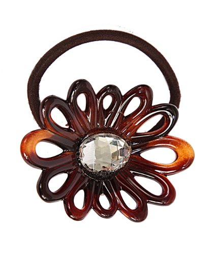 Caravan Hand Decorated French Tortoisese Shell Pony Tail Flower with Large Swarovski Oval Crystal Stone, 65 Ounce