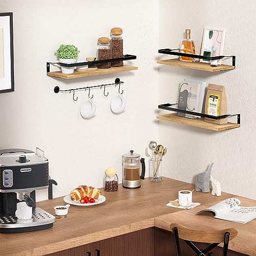 upsimples Bathroom Floating Shelves Wall Mounted Shelving with Removable Towel Bar, Wall Decor and Organizer for Bathroom, Bedroom, Living Room, Kitchen, Light Brown,Set of 3