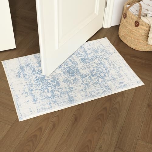 DEAXLife Washable Area Rug for Living Room - Stain Resistant Urtla Thin Rugs with Non Slip Rubber Backing - Indoor Floor Carpet for Dining Room Home Office Dorm (Blue/White, 2x3 Feet)