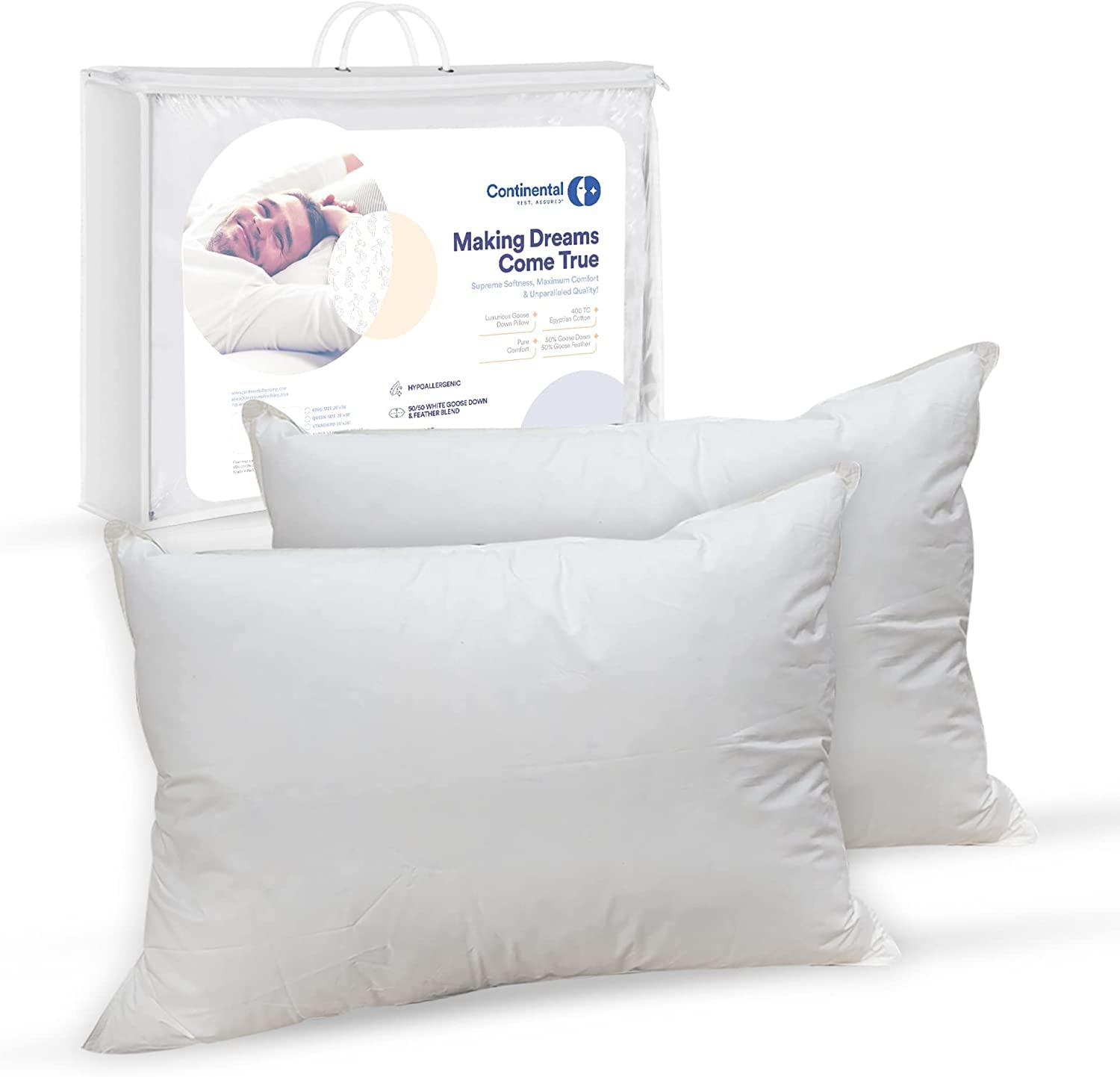 Continental Bedding Affinity Down Alternative Bed Pillow - Standard Size - 100% Soft Cotton Pillow - Pack of 2 - Polyester Pillow for Sleeping