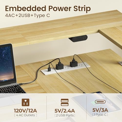 Rolanstar L Shaped Standing Desk with LED Light and Power Outlet, Dual Motor Height Adjustable Electric Standing Desk with Monitor Stand & Keyboard Tray, 61.2" Sit Stand Desk Black