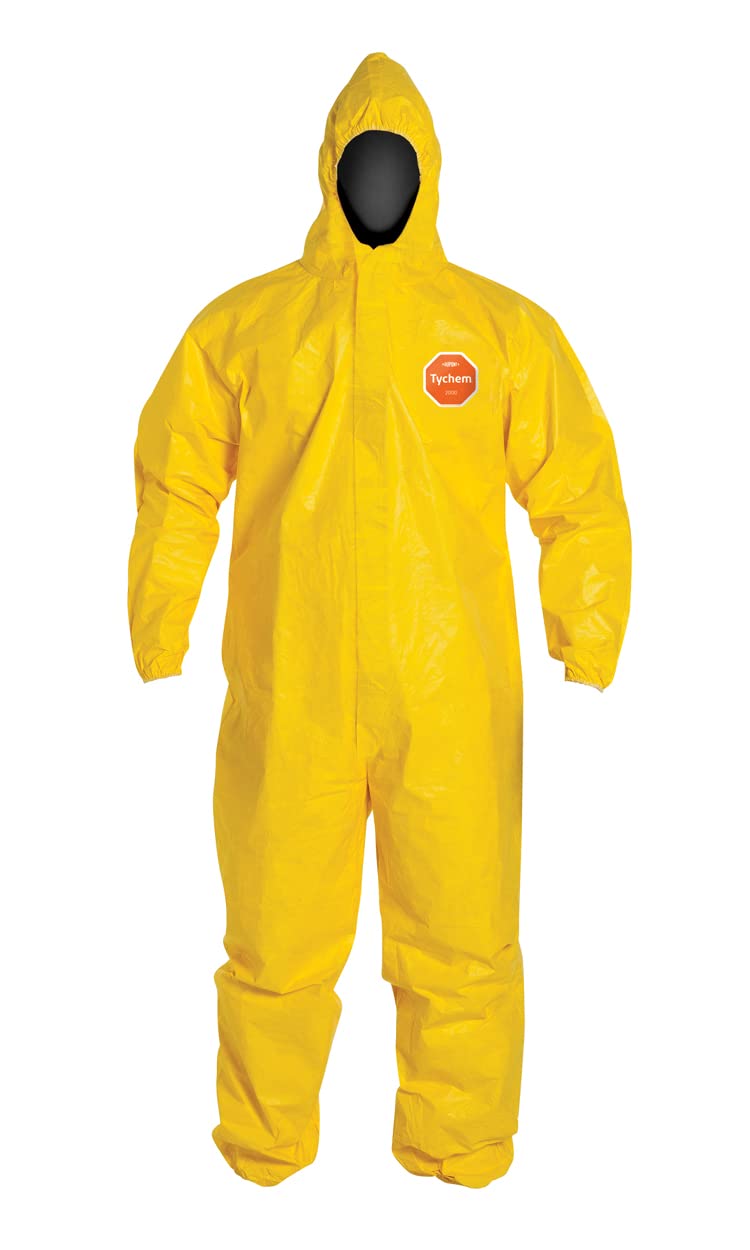 DuPont Tychem 2000 QC127S Disposable Chemical Resistant Coverall with Hood, Elastic Cuff and Serged Seams, Yellow, X-Large (Pack of 12)