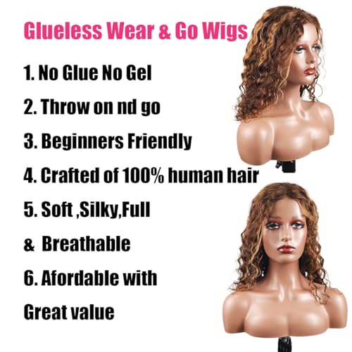 Fronbanis Chocolate Brown Glueless Wigs Human Hair Pre Plucked Pre Cut 180% Density Closure Wigs Human Hair Bob Wig Curly Human Hair Wig Wear and Go Glueless Wig for Women 16 Inches