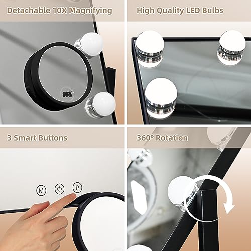 SLIMOON Hollywood Vanity Mirror with Lights, 12 Dimmable LED Bulbs Lighted Makeup Mirror with Detachable 10X Magnification Mirror, 1000mAh Rechargeable, 3 Color Lights, Touch Control