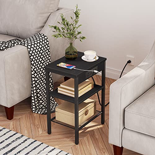 HOOBRO End Table with Charging Station and USB Ports, 3-Tier Nightstand with Adjustable Shelf, Small Side Table for Small Space in Living Room, Bedroom and Balcony, Black BB112BZ01