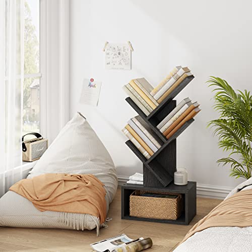 Hoctieon 3 Tier Tree Bookshelf, Small Bookcase with Drawer, Desktop Book Shelf, Display Floor Standing Storage Shelf, Book Organizer Shelves for Home Office, Black