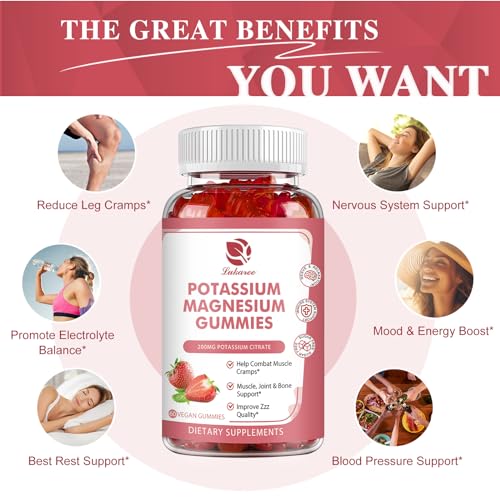 Magnesium Potassium Supplement Gummies - New Formula Calm Magnesium Glycinate Gummies 500 mg & Potassium Citrate 200 mg Plus Omega 3, B6, D3, K2 & Calcium for Zzz, Leg Cramps & Muscle - 120 Gummies
