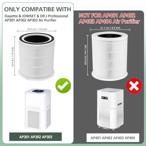 2 Pack AP301 AP302 AP303 HEPA fil-ter Replacement, Compatible with Dayette AP301 AP302 Air Puri-fier, for JOWSET AP301 AP302 AP303 Air Cleaner Puri-fier, H13 True HEPA, Original fil-ter