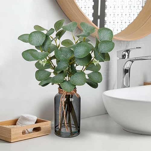 Briful Artificial Eucalyptus Stems in Amber Glass Vase with Faux Water, 14" Fake Plant Eucalyptus Leaves for Home Office Farmhouse Wedding Centerpiece Décor