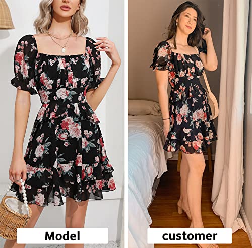EXLURA Womens Summer Dress Floral Ruffle Tiered Square Neck Sundress Short Sleeve Off Shoulder Smocked Mini Dresses