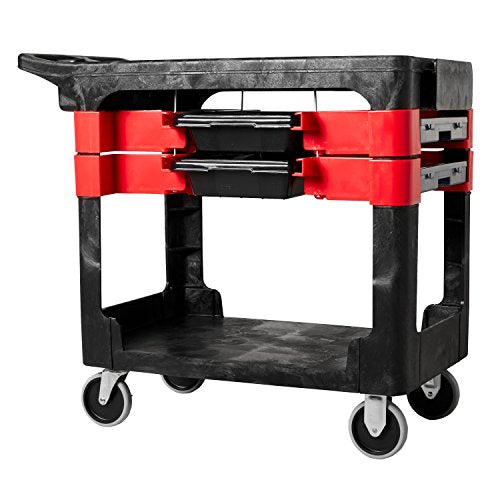 Rubbermaid Commercial Products Trades Tool Utility Cart Mobile Work Station With 2 Parts Boxes and 4 Parts Bins 330 lb. Capacity 5" Casters Black for Warehouse/Garage/Cleaning/Maintenance