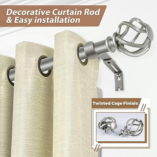 KAMANINA Antique Silver Curtain Rod 32 to 58 inch(2.6-4.8ft), 1 inch Adjustable Single Curtain Rods for Windows 28 to 48 inch, Decorative Drapery Rod with Twisted Cage Ends