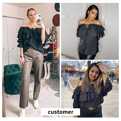 Byinns Women's Off Shoulder Ruffle Long Sleeve Blouses Casual Layered Tops Khaki