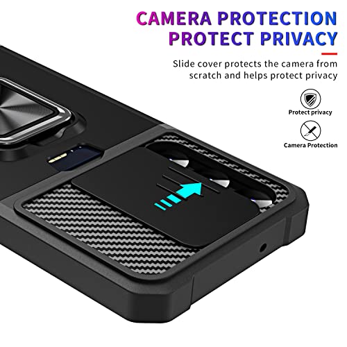 Mavis's Diary Galaxy S24 Kickstand Case, Heavy Duty Shell with Slide Camera Cover, Rotatable Ring Holder Stand, Shockproof Rugged Protective Case for Samsung Galaxy S24 (Black)