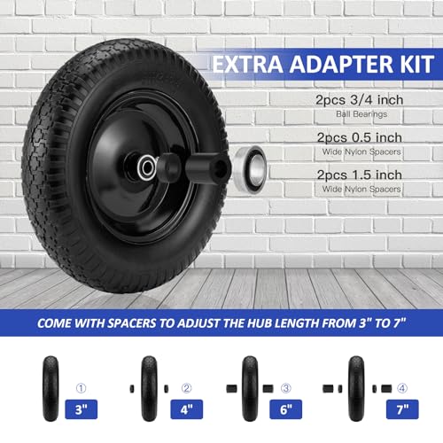 4.80/4.00-8" Flat Free Tire and Wheel 14.5" Wheelbarrow Tire,with 5/8" Axle Bore Hole,3"Center Hub and 3/4" Bearings,Universal Replacement Solid Tire for Hand Truck/Utility Cart/Garden Cart