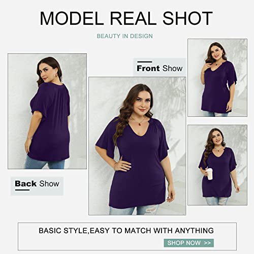 HDLTE Women's Plus Size Tops Pleated Petal Cap Sleeve Lace Trim V Neck Shirt 2023 Fashion Dressy Casual T-Shirts(05_F-Black,XL)