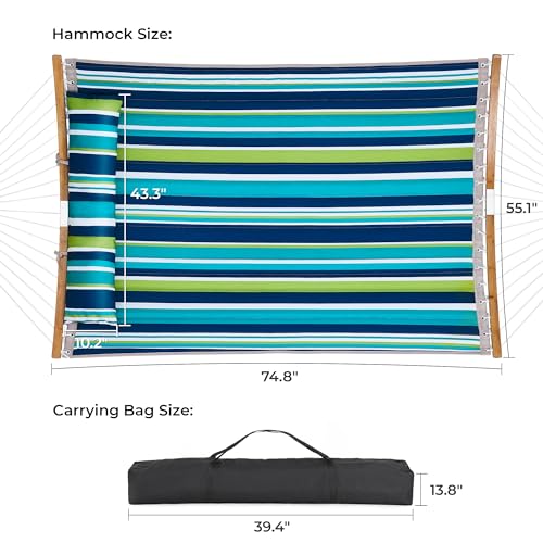 SUPERJARE 12 FT Quilted Fabric Hammock with Detachable Pillow, 2 Person Hammock with Spreader Bars, Adjustable Chain, Outdoor Hammock without Stand, for Outside, Patio, Garden, Dark Cyan