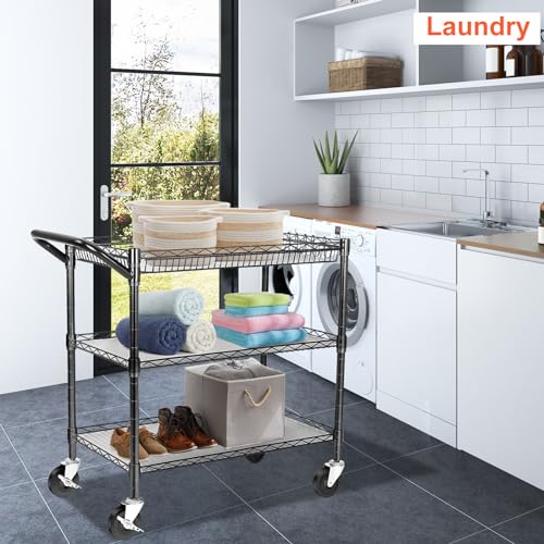 BolDuck Heavy Duty Utility Cart on Wheels,990Lbs Capacity 3 Tier Rolling Carts with Wheels,Kitchen Cart on Wheels with Storage,Commercial Grade Metal Serving Cart with Wire Shelving &Handle Bar,Black