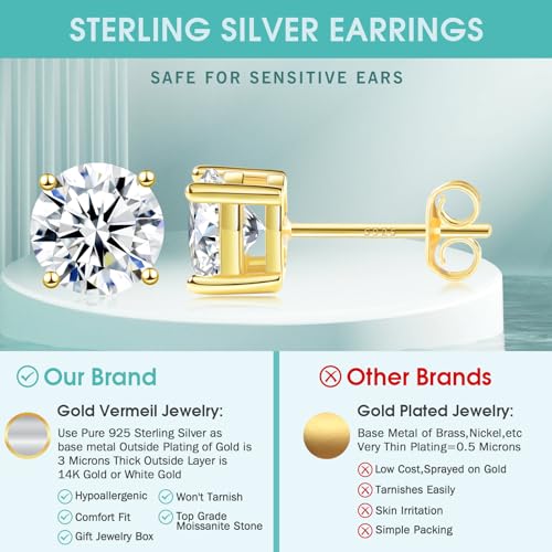 Moissanite Lab Created Diamond Earrings 1.0ctw-3.0ctw Solitaire Studs, D Color VVS1, Hypoallergenic 925 Sterling Silver, 14K Gold Plated, Friction Back - Gift for Women & Men, 4mm, 4P