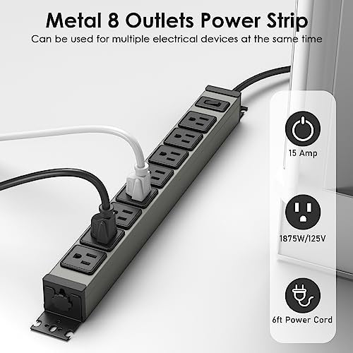 JUNNUJ Heavy Duty Power Strip Wall Mount, 15 Amp Surge Protector 1200J Metal 8 Outlet Under Desk Mounted 15A, Garage Power Bar Table Socket Industrial Outlets, 6FT 14AWG Extension Cord