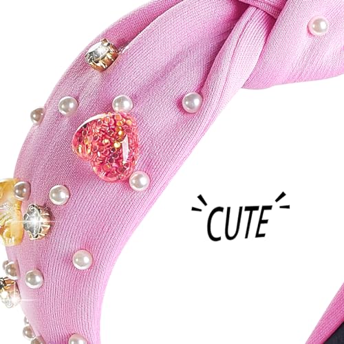 TANOSII Valentine’s Day Knotted Headband for Women Wide Headbands Hair Accessories Jeweled Hairband Letter Heart Rose Red