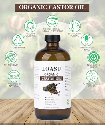 Castor Oil Organic Cold Pressed Unrefined Glass Bottle, 100% Pure Castor Oil, Hexane Free Cold Pressed, Organic Castor Oil for Face, Hair Growth, Eyelashes and Castor Oil Pack, 16fl.oz/473ml