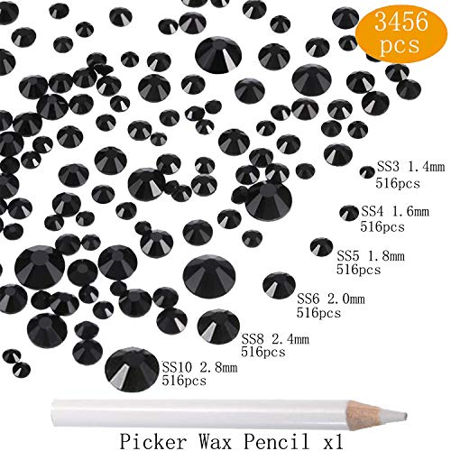 LPBeads 3456 Pieces Nail Crystals AB Nail Art Rhinestones Round Beads Flatback Glass Charms Gems Stones, 6 Sizes for Nails Decoration Makeup Clothes Shoes (Mix SS3 4 5 6 8 10, Black)