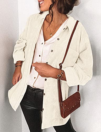 Saslax Womens Corduroy Shirt Long Sleeve Oversized Button Up V Neck Blouses Tops Loose Shacket Jacket with Pockets Army Green S