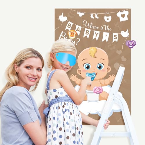 Atiloy Pin The Pacifier On The Baby Game - Baby Pacifier Games Poster with 64 Pacifier Stickers for Baby Shower Party Favors, Boys and Girls Kids Birthday Party Supplies