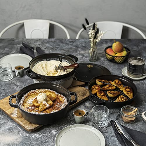 STAUB Cast Iron Set 4-pc, Stackable Space-Saving Cookware Set, Dutch Oven, Skillet, Grill Pan & Ceramic Baking Dish Set, 3pc, Cherry