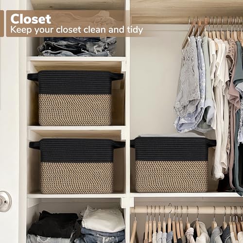 Goodpick Black Woven Rope Basket Set of 3, Shelf Storage Baskets for Books, Towels, clothes, Rectangle Decorative Basket for Living Room, Bedroom, Toy Bin for Nursery