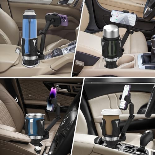 Easkkty Cup Holder Phone Mount with Expandable Holder and Base, Upgraded Universal Cellphone Cradle Car Cupholder (Adjustable) with Long Bracket Fit iPhone All Smartphone (Silver- Phone Holder)