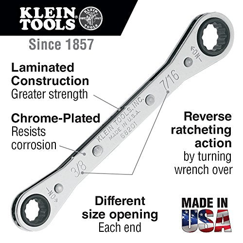 Klein Tools 68202 Ratcheting Box Wrench, Made in USA, 1/2-Inch x 9/16-Inch with Reverse Ratcheting and Chrome Plated Finish