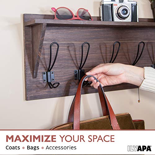 Ilyapa Barnwood Coat Rack Wall Mount - Wood Wall Mount Coat Rack with Hooks, 6 Metal Hooks - for Hats, Coats, Kitchen, Bedroom, and More - Barnwood