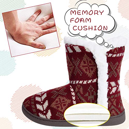 Women Comfort Warm Fluffy Faux Fur Slipper Boots Soft Memory Foam Ankle Booties House Pull on Shoes Anti-Slip Sole Indoor Outdoor (5-6, Red, numeric_5)