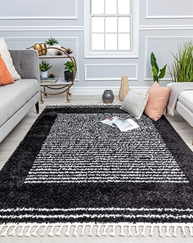 CosmoLiving by Cosmopolitan BT35A Ebony Twilight Stripe Shag Black Non-Shedding Living Room Bedroom Dining Home Office Area Rug, 2'6" x 4'