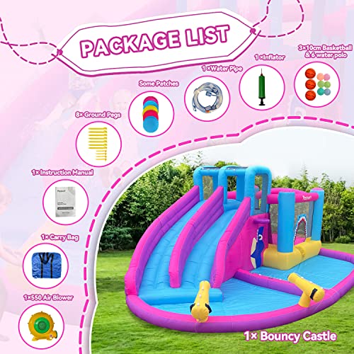 Inflatable Bounce House Water Slide Park, Double Slide Bouncer Castle with Climbing Wall, Bouncy Castle with 550W Air Blower for Indoor Outdoor Play Backyard