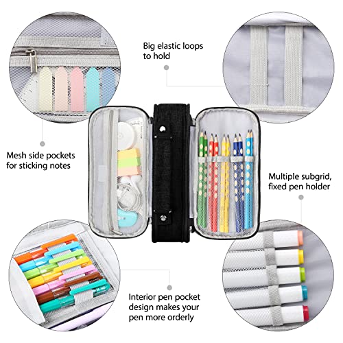 Ayieyill Big Capacity Pencil Case,Large Storage Pencil Pouch Pen Case Bag with Zipper,Cute Pencil Case for School College Student Office Supplies Girls Teen Kids Adult(Black)