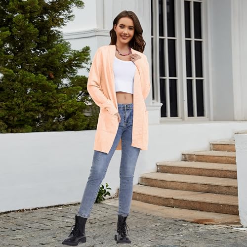 Women's Long Casual Cardigan Long Sleeve with Pockets Front Open Cardigan for Women Apricot