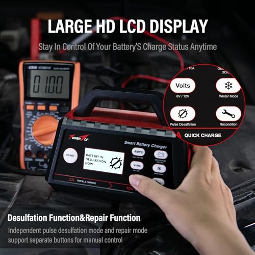 TowerTop Smart Car Battery Charger: 10A Battery Chargers 6V/12V Boat Battery Chargers with Auto Desulfator, Repair, Maintainer, Winter Mode, Suitable for AGM, Lithium (LiFePO4), Deep-Cycle Batteries