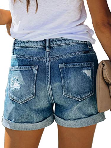 Women Jean Shorts Casual Summer Frayed Hemming Hot Denim Shorts with 5 Pockets Light Blue Large
