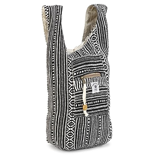 LONGING TO BUY Hemp Handbag, Unisex-Adults, Black & White, Faux Leather, Cross-Body, Zipper Closure, 13 x 2 x 14 inches