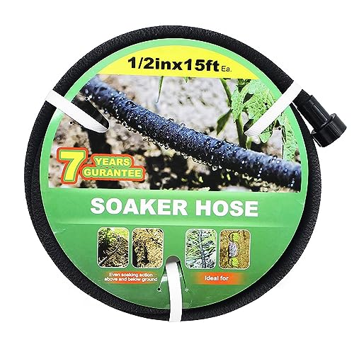 Taisia 1/2’’ Soaker Hose 15 FT Water Drip Garden Hose Drip Irrigation Hose Saves 70%Water Heavy Duty Rubber Round Soaker Hose for Garden, Lawn