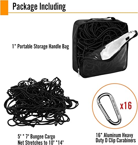 Seven Sparta 5’ x 7’ Bungee Cargo Net Stretches to 10' x 14' for Truck Bed, Pickup Bed, Trailer, Trunk, SUV with 16 Bonus D Clip Carabiners Car Organizer Net for Large Loads (Black)